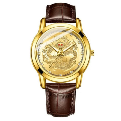 Men’s Gold Dragon Dial Quartz Watch with Leather Strap