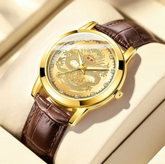 Men’s Gold Dragon Dial Quartz Watch with Leather Strap