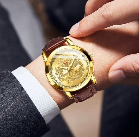 Men’s Gold Dragon Dial Quartz Watch with Leather Strap